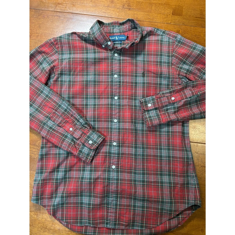 Ralph Lauren Button Down Shirt Mens L Red Plaid Classic Fit Long Sleeve Pony